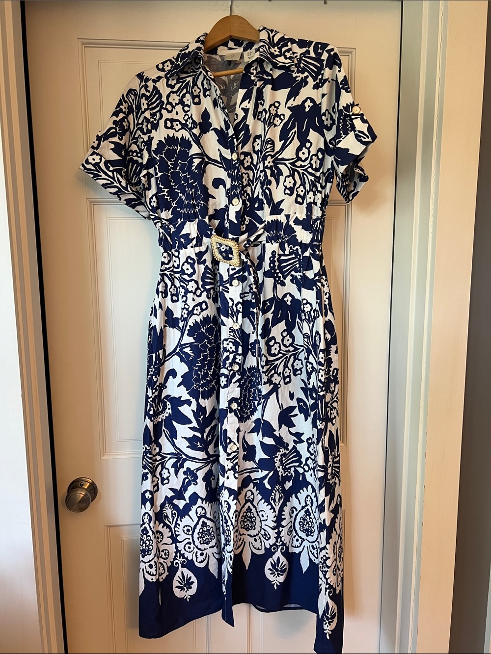 Joie Navy and White Floral Maxi Dress with Belted Waist